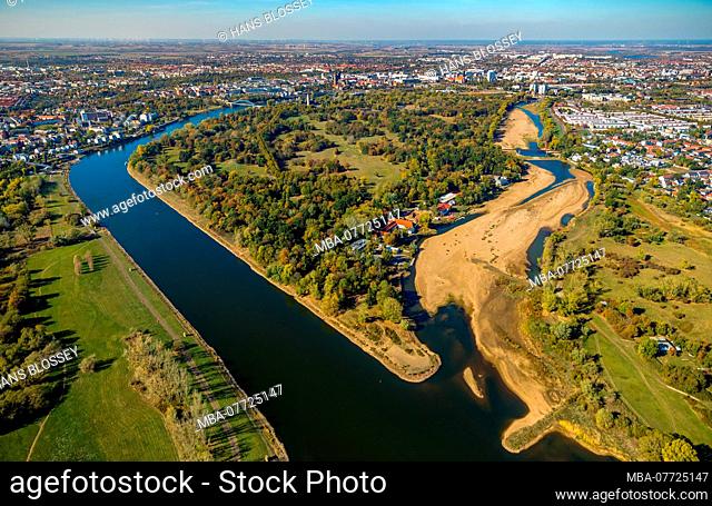 Aerial shots, the Elbe, the old Elbe, dry tributary, low water, dryness, water shortage, Buckau, Magdeburg, Saxony-Anhalt, Germany