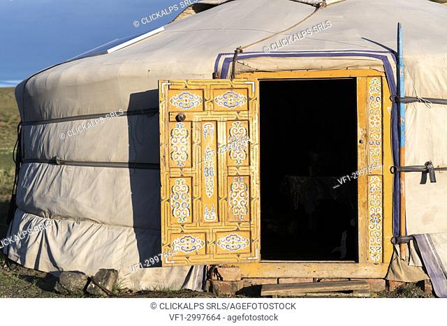Painted door of a Mongolian nomadic ger. Bayandalai district, South Gobi province, Mongolia