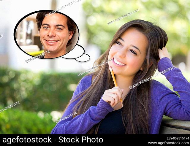 Pensive Woman with Handsome Young Man Inside Thought Bubble
