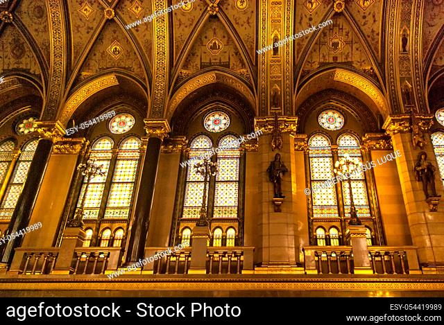 Stained glass windows inside the Parliament of Budapest in Hungary