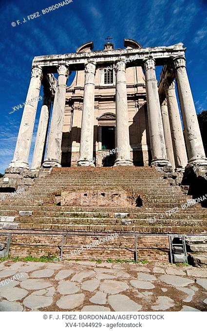 Temple of Antoninus and Faustina, ancient Roman temple adapted to the church of San Lorenzo in Miranda, Rome, Italy