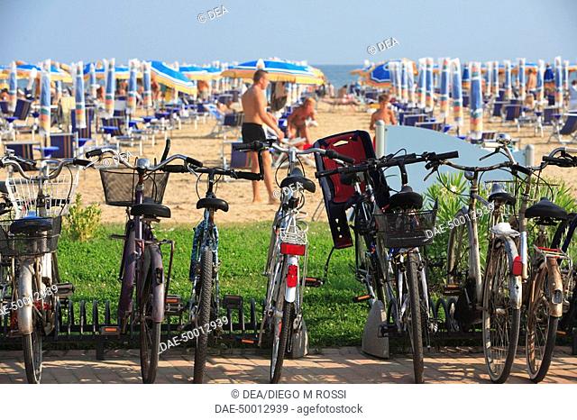 Italy - Veneto Region - Venice Province - Bibione. Bikes at Lido di Bibione beach