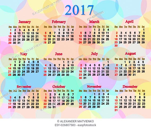 calendar for next 2017 year on the multicolored rings and circles