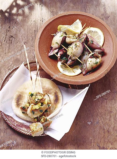 Tuna kebabs and stuffed squid