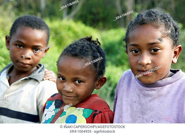 Three children, Andasibe, Toamasina, Madagascar, Africa