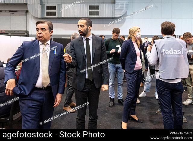 European Commissioner for Asylum Margaritis Schinas and State Secretary for Asylum and Migration policy Sammy Mahdi pictured during the opening of a center for...