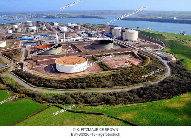aerial view of an oil refinery and gas terminal currently being dismantled an sold to India, United Kingdom, Wales, Pembrokeshire