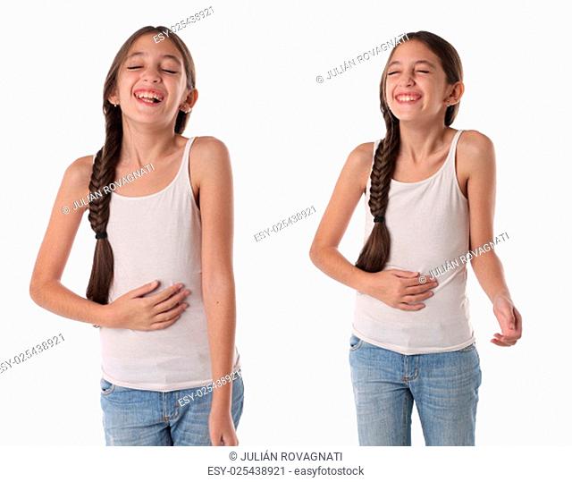 Collage of a young lovely girl laughing. Isolated on white background
