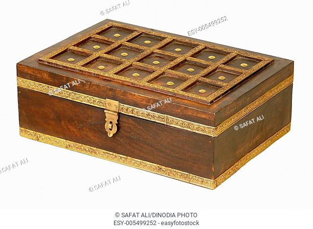 Brass design fitting on wooden box ; Jodhpur ; Rajasthan ; India