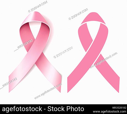 Realistic pink ribbon isolated on white. Breast cancer awareness symbol. Vector illustration
