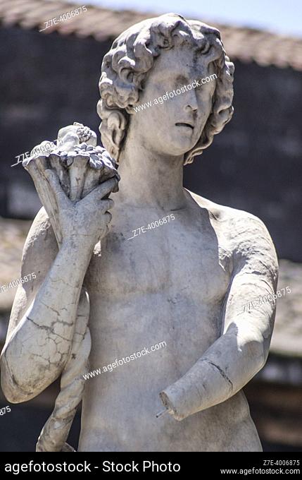Sculpture of God Amenano, symbolizing Amenano River which flows underneath fountain. Amenano Fountain, Piazza Duomo, Metropolitan City of Catania, Sicily, Italy