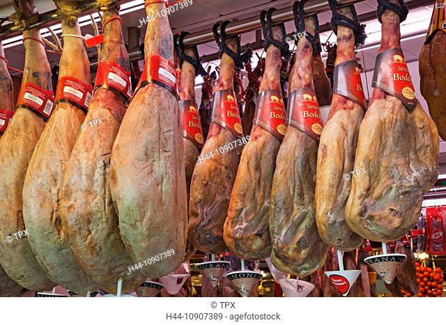 Europe, Spain, Barcelona, Ramblas, La Boqueria Market, Ramblas, La Boqueria, Meat, Meats, Ham, Jamon, Food, Spanish Food, Market, Markets, Food Market, Tourism