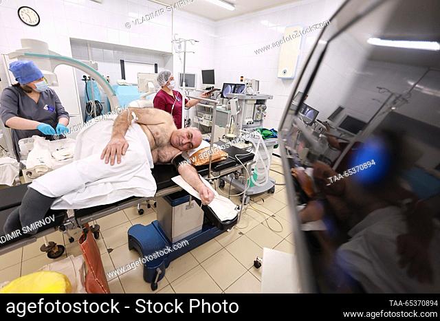 RUSSIA, IVANOVO - NOVEMBER 30, 2023: A patient is prepared for a thulium fibre laser lithotripsy at the urology department of City Clinical Hospital No 7