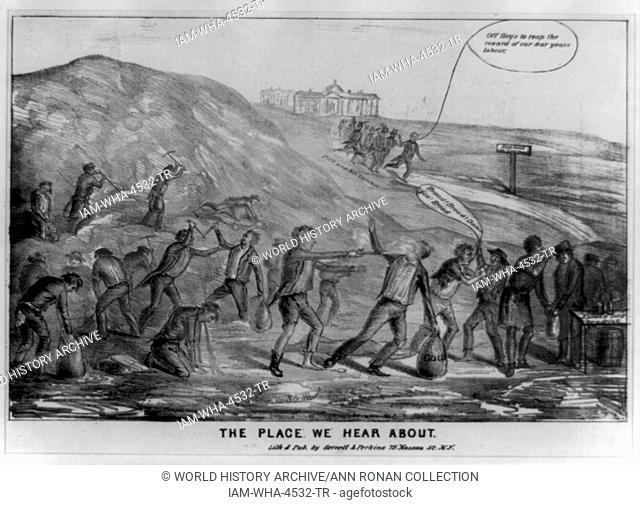 The Place we Hear About 1849. Portrayal of violent goldfield life in California. Lee S. Perkins & Henry Serrell