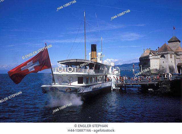 paddle steamer, steamboat, Compagnie générale de navigation, ship, people, Switzerland, Europe, Vaud, Veytaux, Territet, Montreux, Château de Chillon, castle