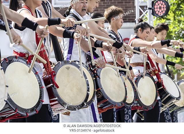 Billingham, north east England. United Kingdom. 15th August, 2018. Hiro Hayashida and his Taiko drummers from Japan performing at the Billingham International...