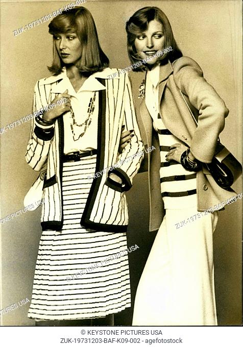 Dec. 03, 1973 - Two models from Jean-Louis Scherrer's ready-to-wear spring and summer collection for 1974. For spring, Scherrer offers this red and blue striped...
