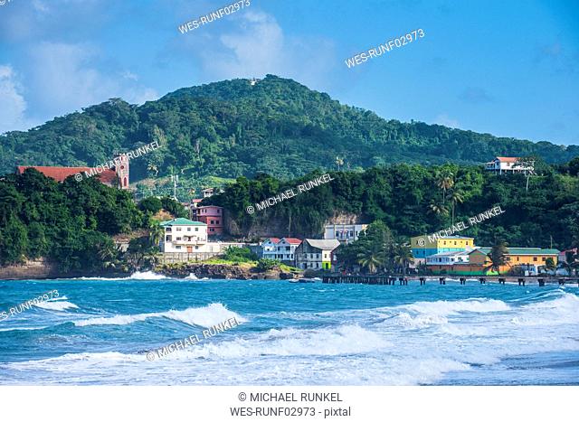 Waves splashing in sea against mountain at Sauteurs, Grenada, Caribbean