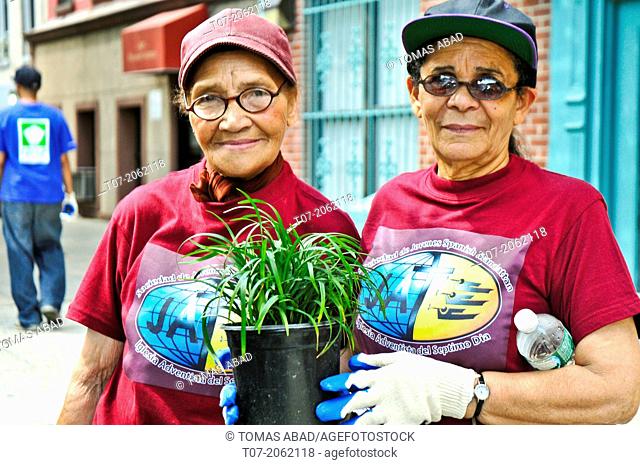 Hispanic community service volunteers of the Harlem Spanish Manhattan Seventh Day Adventist Church plant flowers and landscape an East Harlem neighborhood...