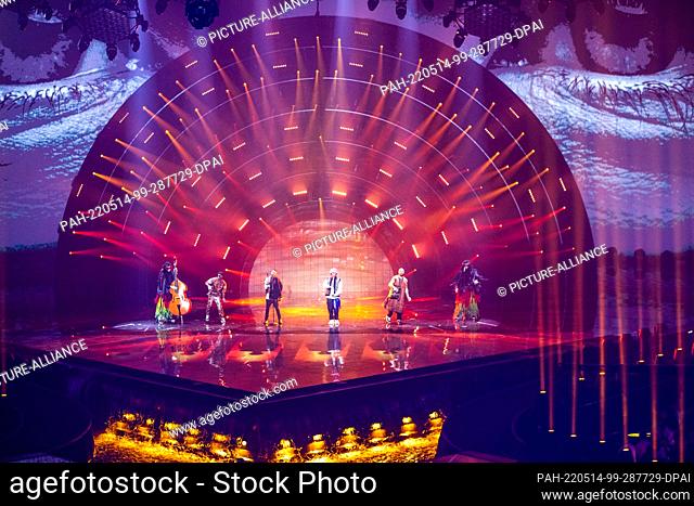 14 May 2022, Italy, Turin: The Kalush Orchestra from Ukraine performs with the title ""Stefania"" in the third dress rehearsal for the final of the Eurovision...