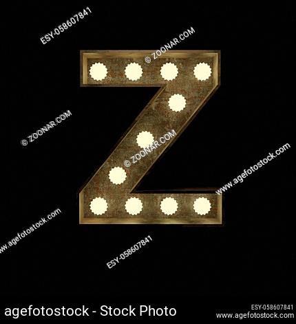 Metal letter Z with small lamps on a dark background, 3d rendering