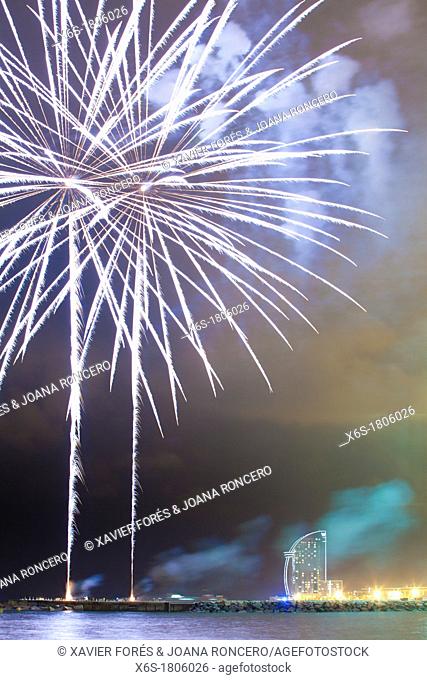 Fireworks at Barceloneta beach during Merce celebrations - Festes de la Mercè -, Barcelona, Spain