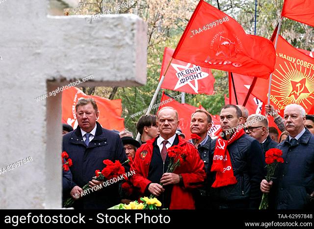 RUSSIA, NOVOSIBIRSK - OCTOBER 4, 2023: KPRF deputy leader Vladimir Kashin and KPRF leader Gennady Zyuganov (from L to R front) are seen at the Elevation of the...