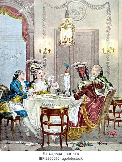 Erotic dinner, French tinted engraving, 18th Century