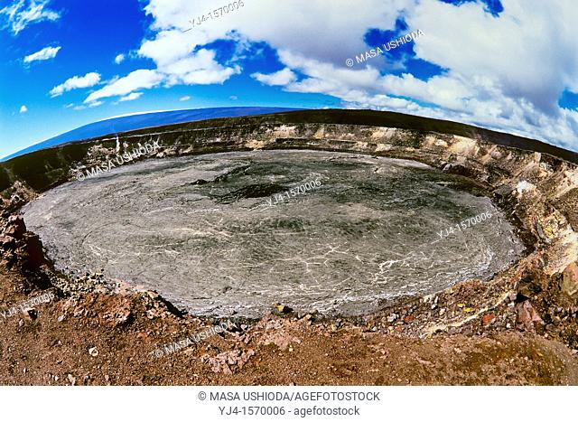 Halema‘uma‘u Crater and snowcapped Mauna Loa volcanic mountain in background, Kilauea Caldera, Hawaii Volcanoes National Park, Big Island, Hawaii, USA