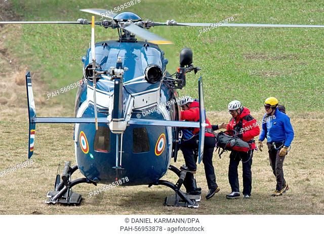 Alpine climbers take off for the crash site in a police helicopter near Seyne Les Alpes, France, 25 March 2015. After the crash of the Germanwings airplane