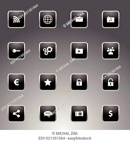 Set of black icons with silver outline