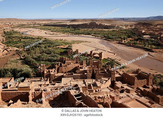 Africa, North, Africa, Morocco, Atlas Region, Ouarzazate, Ait Benhaddou, Kasbah, Palm Grove, Stony Desert