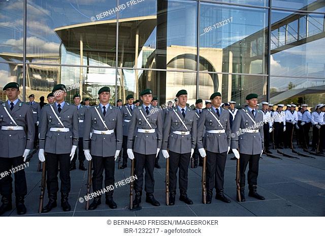 Guard of the Bundeswehr German army exercises at the Ceremonial oath of the Bundeswehr German army in front of the Paul Loebe Haus building, Berlin, Germany