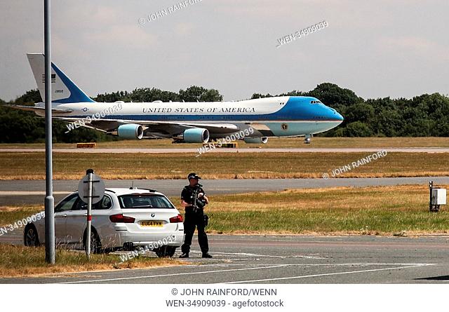 Air Force 1, carrying US President Donald Trump and First Lady Melania, lands at Stansted Airport Featuring: Air Force 1 Where: London
