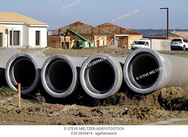 Sewer pipes at a housing construction site near Pezenas