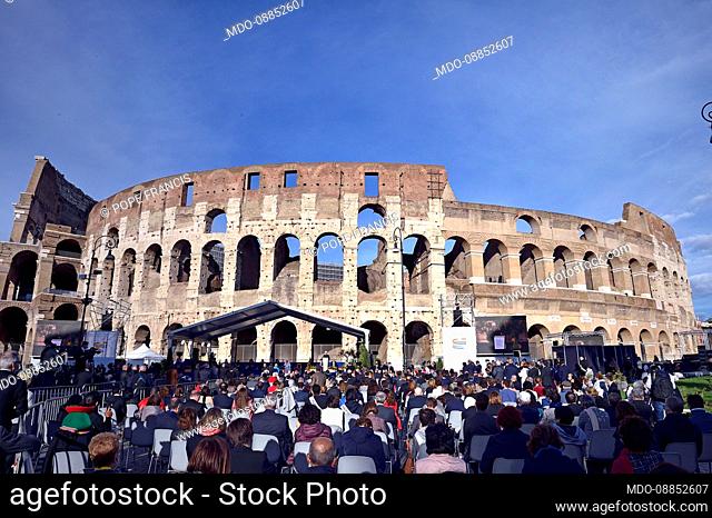Pope Francis at Rome's Colosseum for an International Meeting for Peace with leaders of various religions and confessions in Rome, Italy. The St