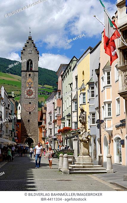 Tower of the Twelve, Nepomuk monument, pedestrian street in the historic centre of Sterzing, Vipiteno, Region of Trentino-Alto Adige, Italy