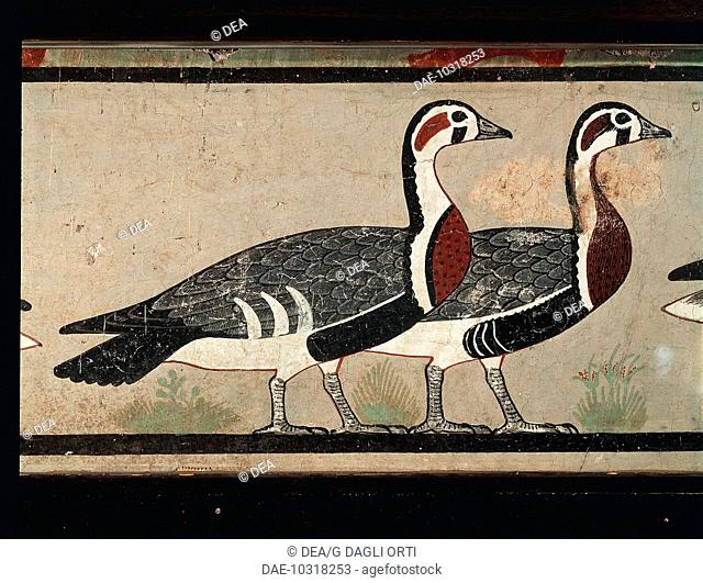 Egyptian civilization, Old Kingdom, Dynasty IV. Wall painting portraying wild geese. From a Meidum mastaba.  Cairo, Egyptian Museum