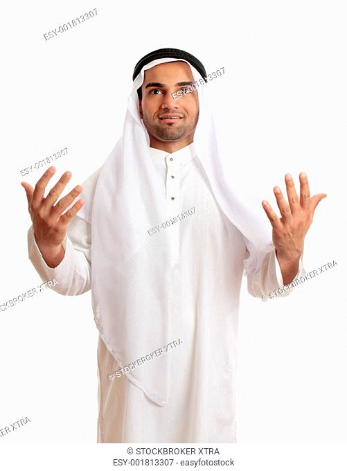 A happy arab middle eastern man with hands outstretched in praise and worship. White background