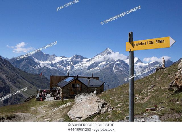 Switzerland, Europe, mountain, mountains, canton, Valais, hut, mountain house, alp hut, Täschhütte, SAC, Weisshorn footpath, trail, hiking path, signpost
