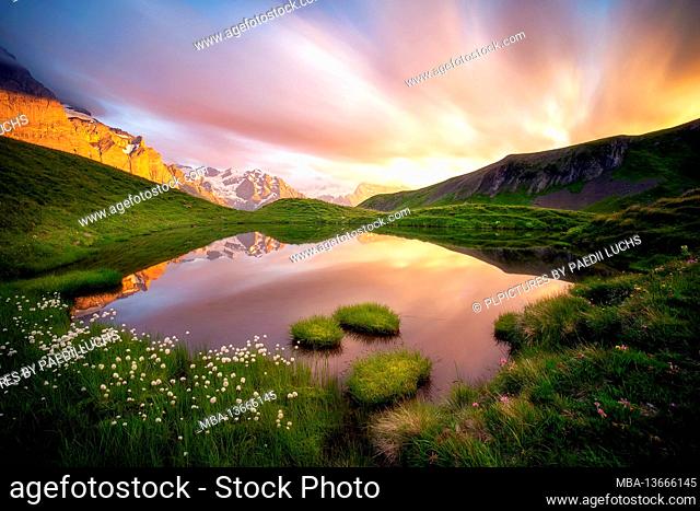 Sunset at the mountain lake in the Haslital in the Swiss Alps