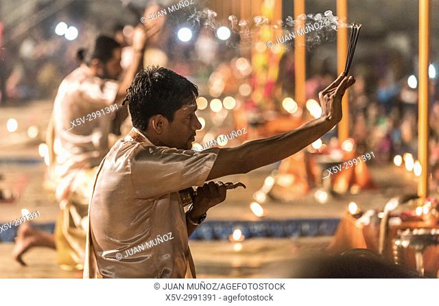 Ganga Aarti ceremony on the ghats of the Ganges, Benares, Varanasi, Uttar Pradesh, India