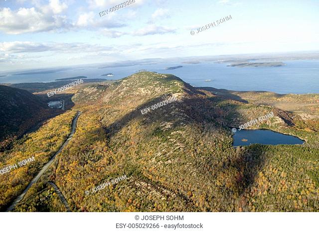 Aerial view of 1530 foot high Cadillac Mountain, Porcupine Islands and Frenchman Bay, Acadia National Park, Maine