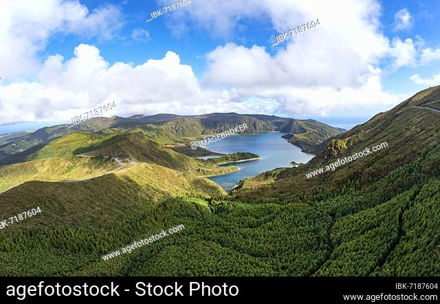 Drone shot, mountain road to the summit of Pico da Barrosa and view to the crater lake Lagoa do Fogo, Sao Miguel Island, Azores, Portugal, Europe