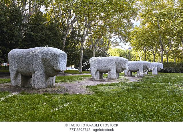 Replica of the Toros de Guisando (Guisando Bulls) Moratalaz Park. Madrid. Spain