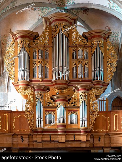 BAD SOBERNHEIM, GERMANY - JUNE 25, 2020: Organ of the parish church Saint Matthias on June 25, 2020 in Bad Sobernheim, Germany