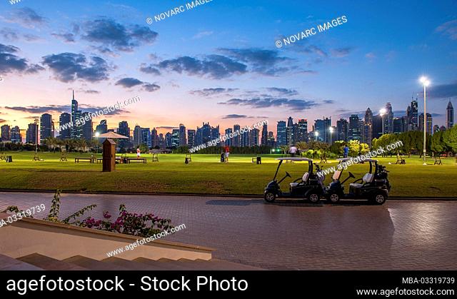 Dubai skyline at sunset, United Arab Emirates