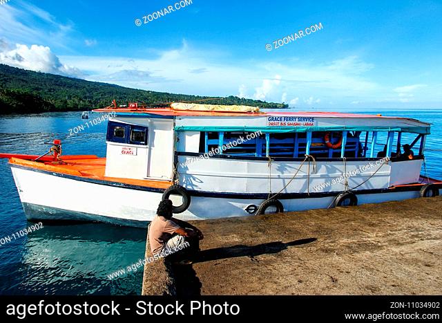 Small passenger boat docked at Korean Wharf on Taveuni Island, Fiji. Taveuni is the third largest island in Fiji