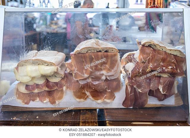 Sandwiches with jamon on Mercado da Baixa tented food market on Praca da Figueira