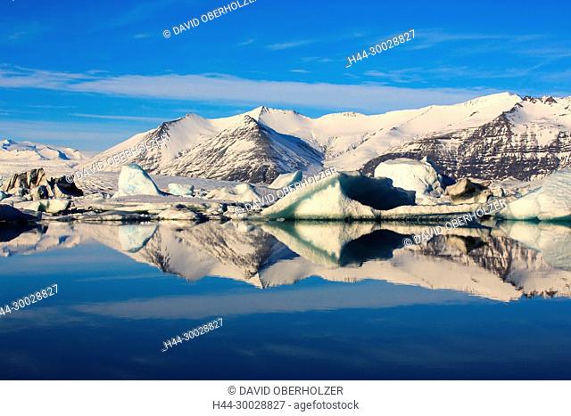 Mountains, ice, floes, Europe, glacier lagoon, Island, Jökulsarlón, sceneries, reflexion, volcano island, water, winter